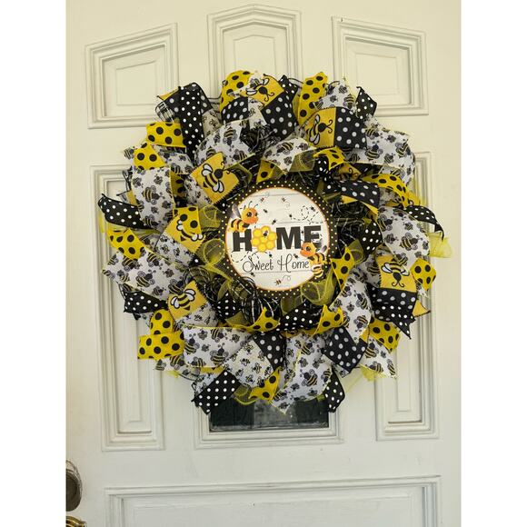 Home Sweet Home Honey Bee Ribbon & Deco Mesh Spring Summer Front Door Wreath - Picture 1 of 8